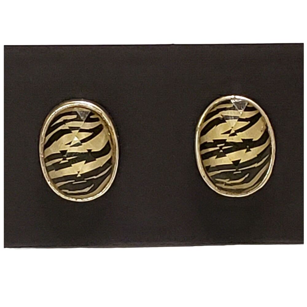 Zebra Stripe Print Oval Shaped Earrings, Faceted Acrylic Over Print, Jewelry